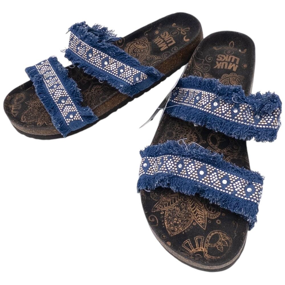 Muk Luks Rhinestone Frayed Denim Festival Sandals Women's Size 8